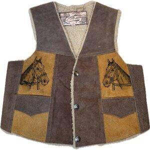KIDS SUEDE LEATHER youth Sheepskin Vest 8 stamped Horse Western cowboy Vintage